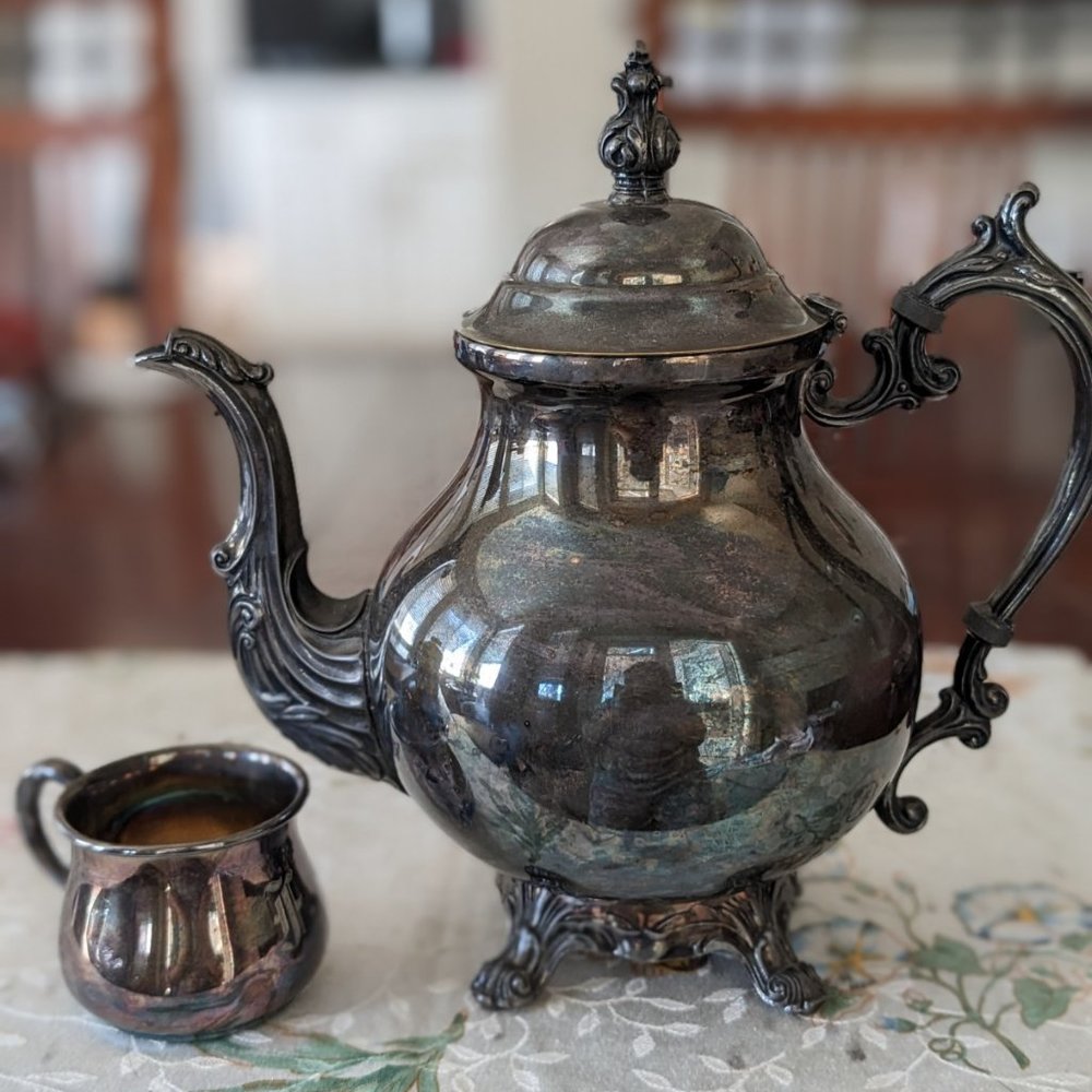 F.B. Rogers Silver Co. Silver-Plated Hinged Lid Coffee/Tea Pot and Cup Set